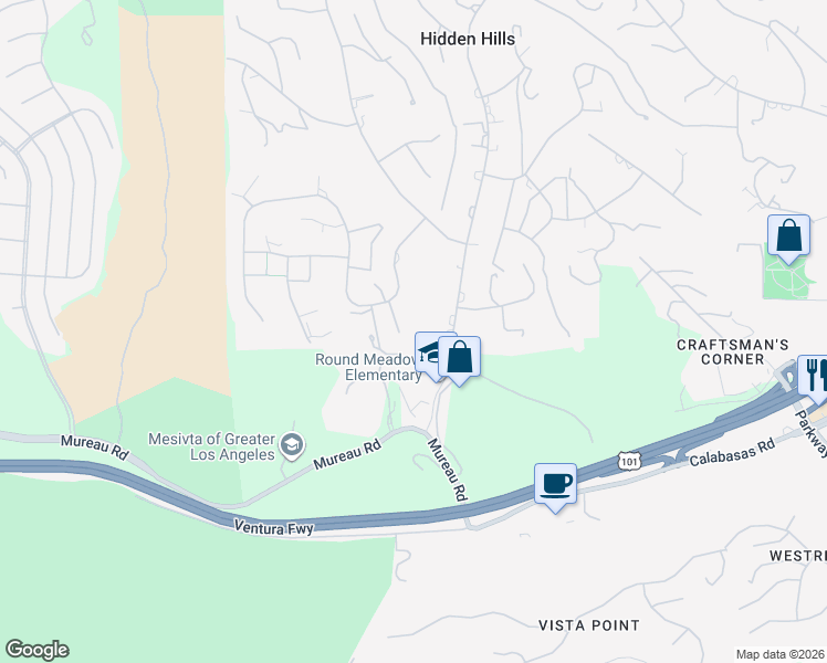 map of restaurants, bars, coffee shops, grocery stores, and more near 5191 Round Meadow Road in Hidden Hills