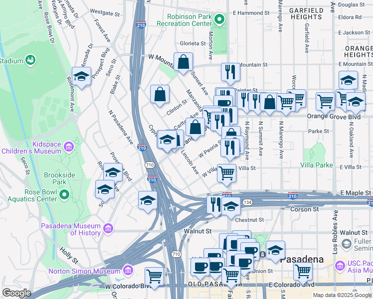 map of restaurants, bars, coffee shops, grocery stores, and more near 600 Lincoln Avenue in Pasadena