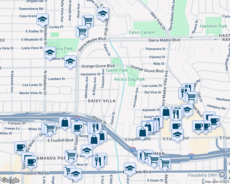 map of restaurants, bars, coffee shops, grocery stores, and more near 525 Eaton Drive in Pasadena