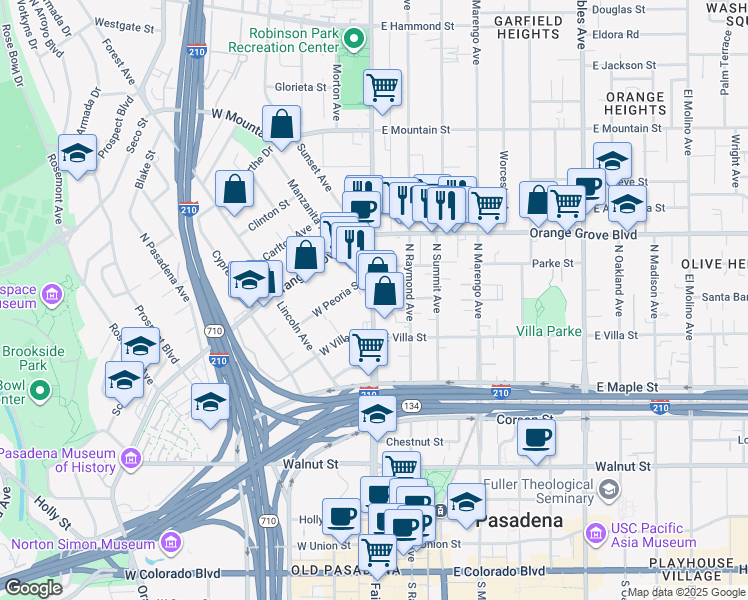 map of restaurants, bars, coffee shops, grocery stores, and more near Fair Oaks Avenue & Esther Street in Pasadena