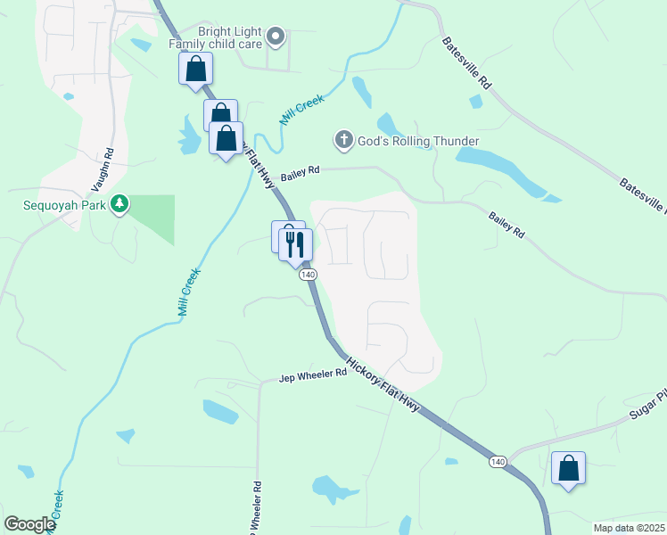 map of restaurants, bars, coffee shops, grocery stores, and more near 415 Village Way in Woodstock