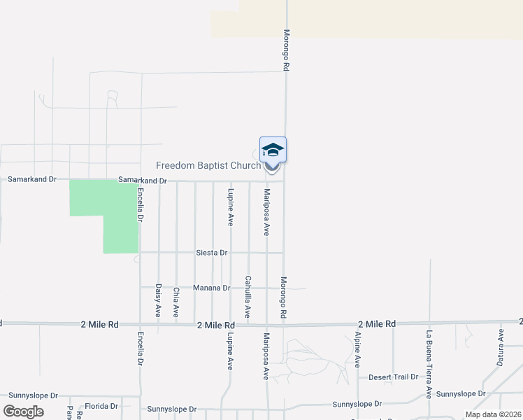 map of restaurants, bars, coffee shops, grocery stores, and more near 5412 Mariposa Avenue in Twentynine Palms