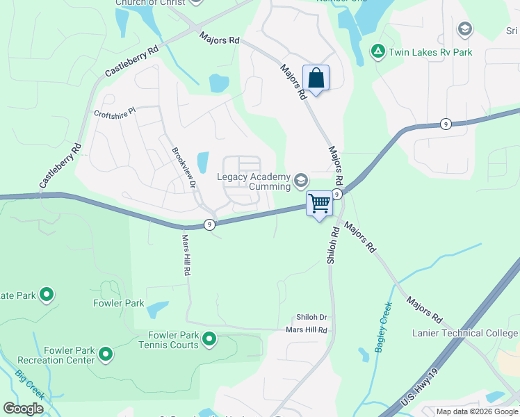 map of restaurants, bars, coffee shops, grocery stores, and more near 3505 Atlanta Highway in Cumming
