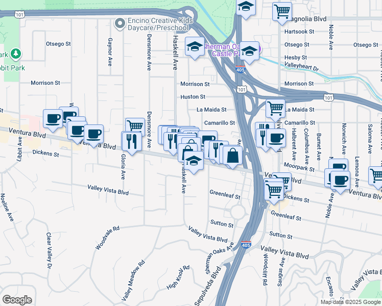map of restaurants, bars, coffee shops, grocery stores, and more near 15531 Ventura Boulevard in Los Angeles
