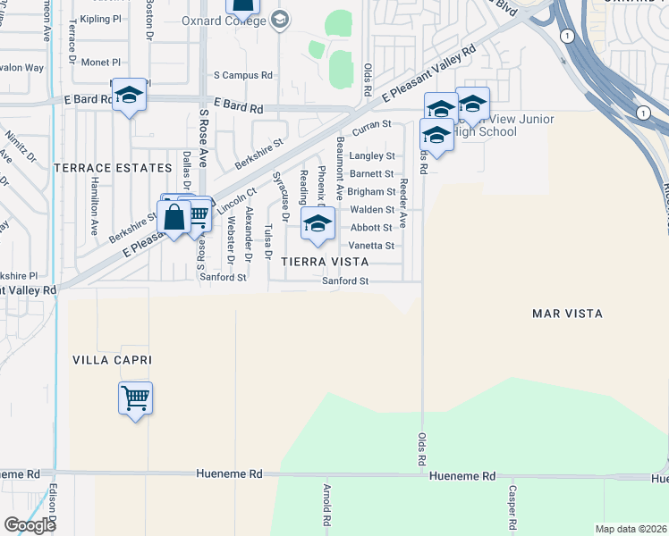 map of restaurants, bars, coffee shops, grocery stores, and more near 2045 Sanford Street in Oxnard