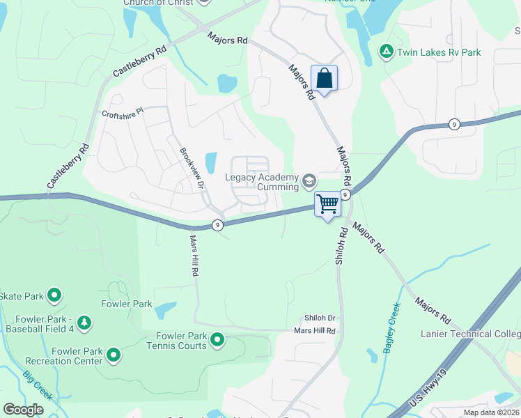 map of restaurants, bars, coffee shops, grocery stores, and more near 3850 Oxford Park Lane in Cumming