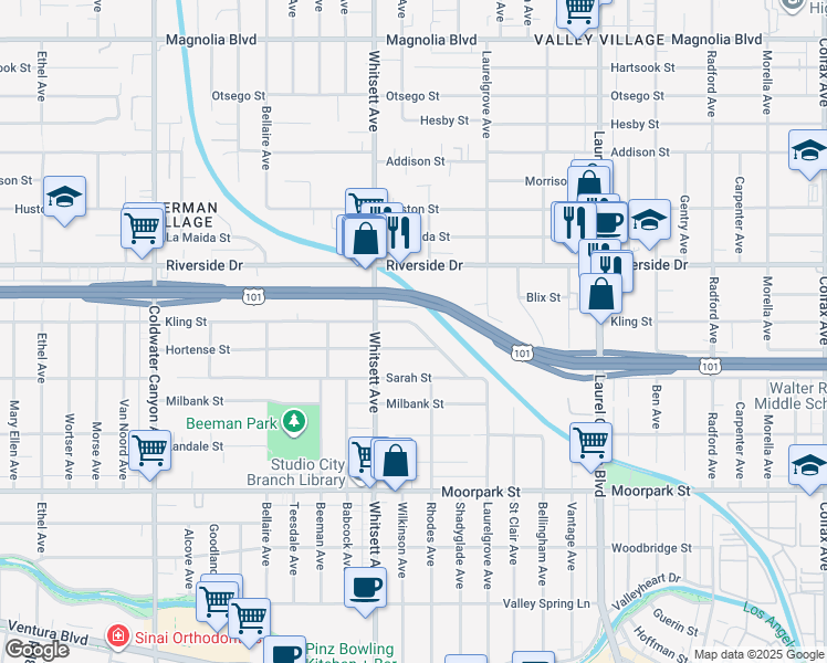 map of restaurants, bars, coffee shops, grocery stores, and more near 4675 Laurelgrove Avenue in Los Angeles