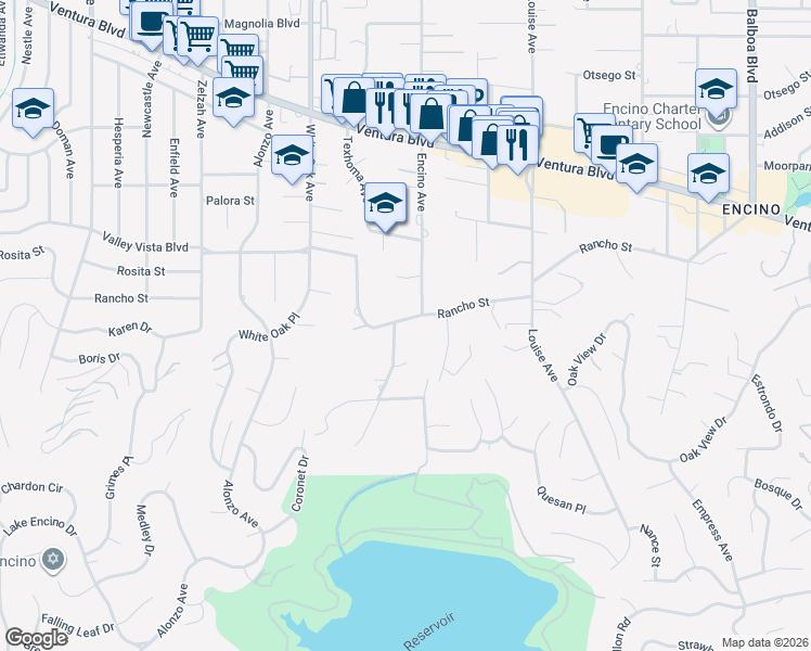 map of restaurants, bars, coffee shops, grocery stores, and more near 17528 Rancho Street in Los Angeles