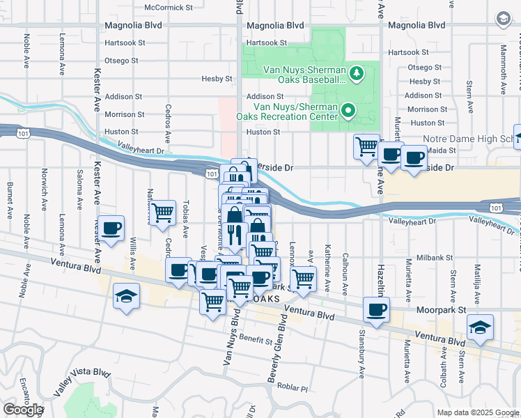 map of restaurants, bars, coffee shops, grocery stores, and more near 4605 Sylmar Avenue in Los Angeles