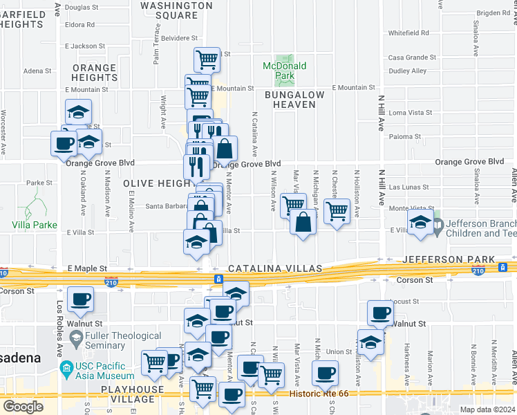 map of restaurants, bars, coffee shops, grocery stores, and more near 526 North Catalina Avenue in Pasadena