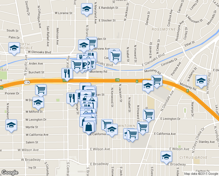 map of restaurants, bars, coffee shops, grocery stores, and more near 600 North Louise Street in Glendale