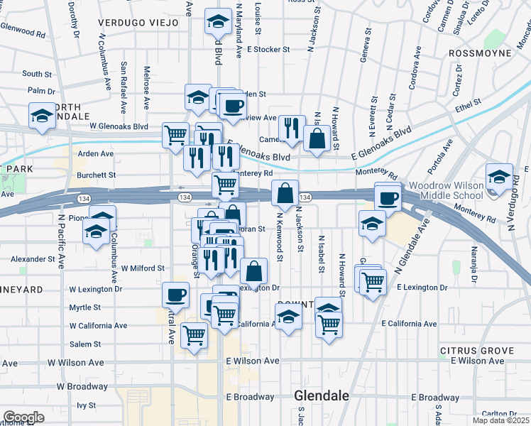 map of restaurants, bars, coffee shops, grocery stores, and more near 600 North Louise Street in Glendale