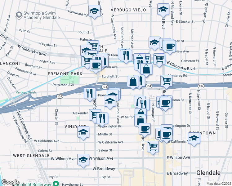 map of restaurants, bars, coffee shops, grocery stores, and more near 400 Pioneer Drive in Glendale