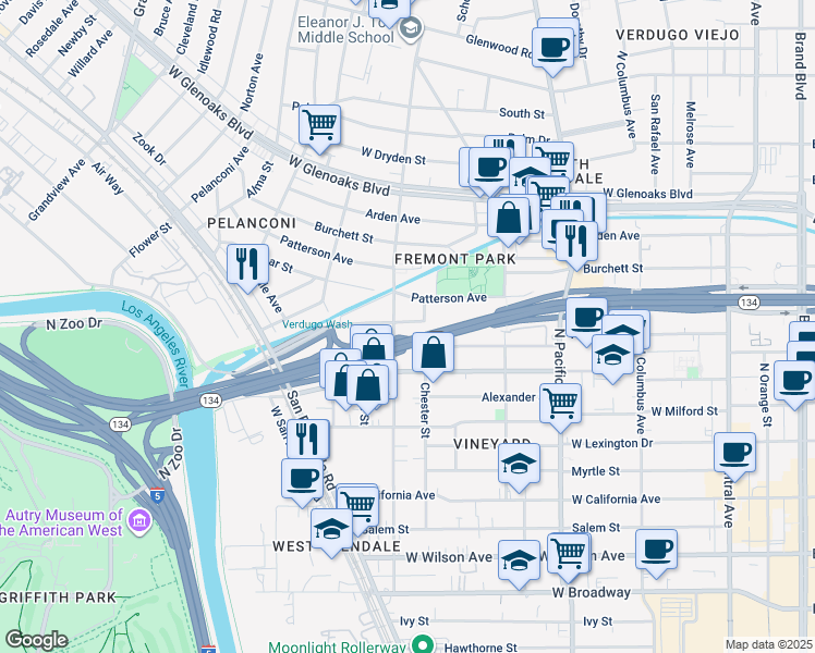map of restaurants, bars, coffee shops, grocery stores, and more near 615 Chester Street in Glendale