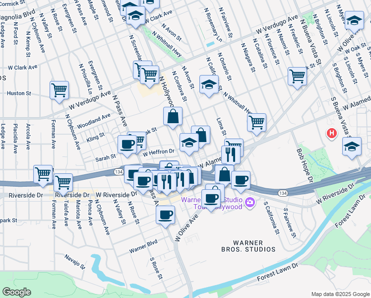 map of restaurants, bars, coffee shops, grocery stores, and more near 227 North Hollywood Way in Burbank
