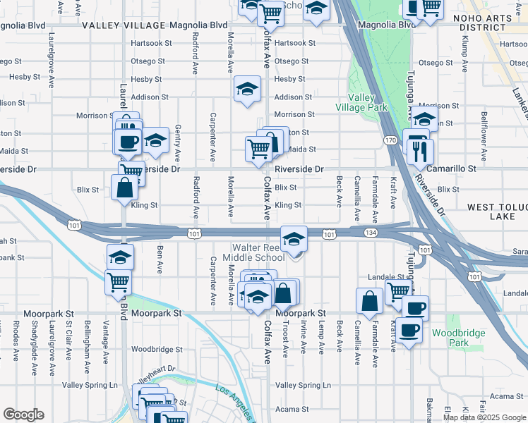 map of restaurants, bars, coffee shops, grocery stores, and more near 4630 Colfax Avenue in Los Angeles
