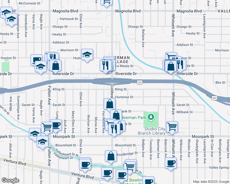 map of restaurants, bars, coffee shops, grocery stores, and more near 12837 Hortense Street in Los Angeles