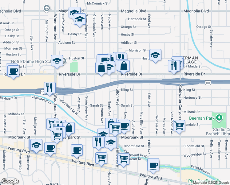 map of restaurants, bars, coffee shops, grocery stores, and more near 4634 Nagle Avenue in Los Angeles