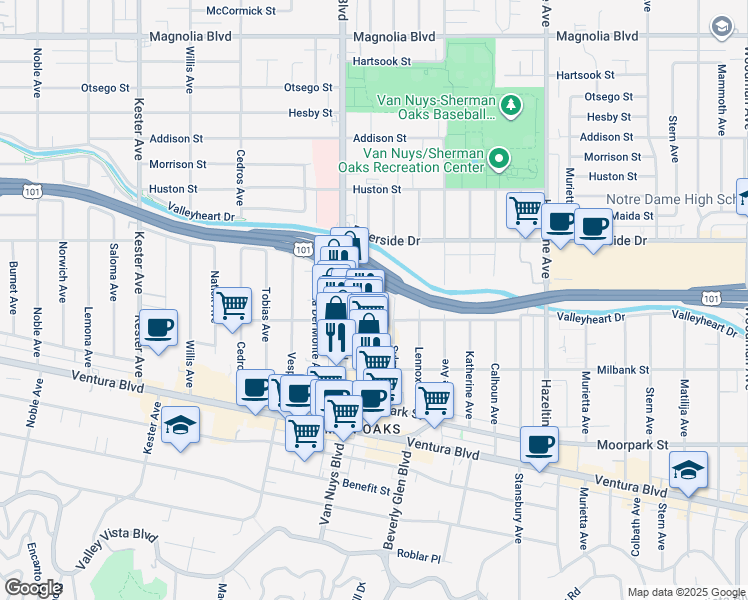 map of restaurants, bars, coffee shops, grocery stores, and more near 4605 Sylmar Avenue in Los Angeles