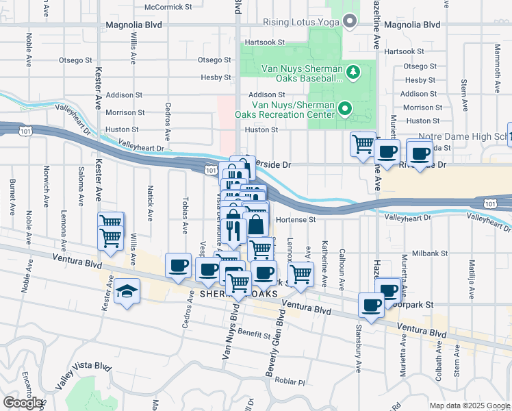 map of restaurants, bars, coffee shops, grocery stores, and more near 4605 Sylmar Avenue in Los Angeles