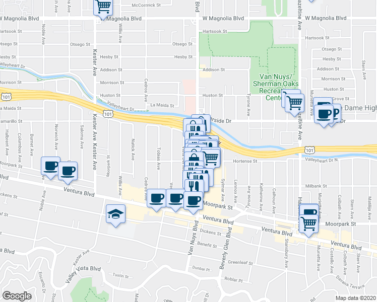 map of restaurants, bars, coffee shops, grocery stores, and more near 4610 Van Nuys Boulevard in Los Angeles