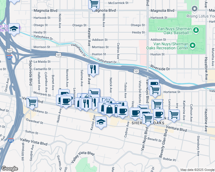 map of restaurants, bars, coffee shops, grocery stores, and more near 4630 Willis Avenue in Los Angeles