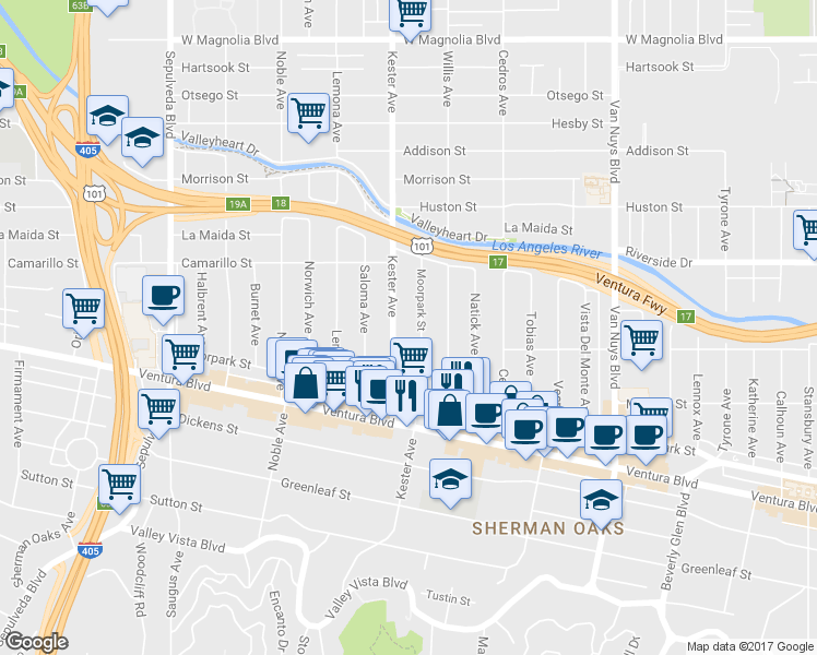 map of restaurants, bars, coffee shops, grocery stores, and more near 4650 Kester Avenue in Los Angeles