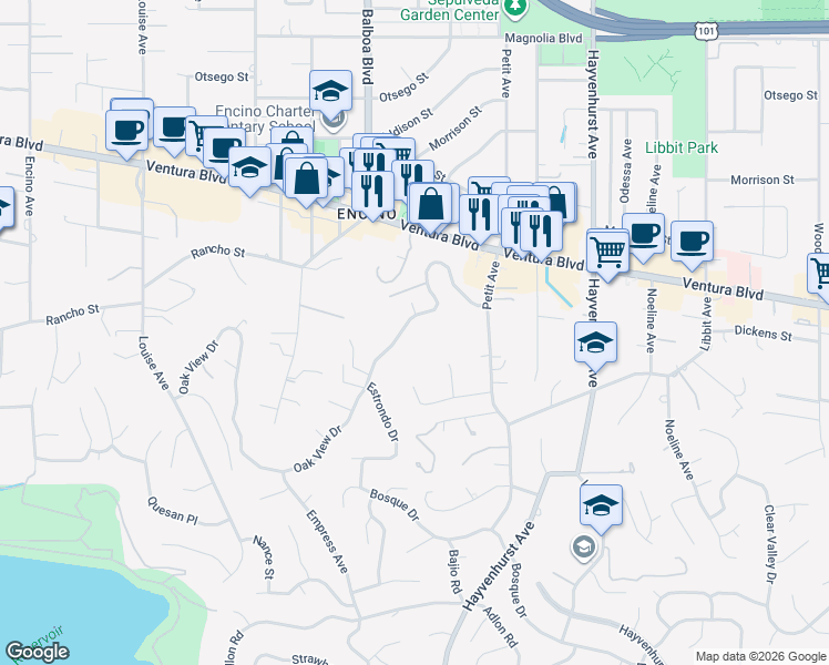 map of restaurants, bars, coffee shops, grocery stores, and more near 16800 Oak View Drive in Los Angeles