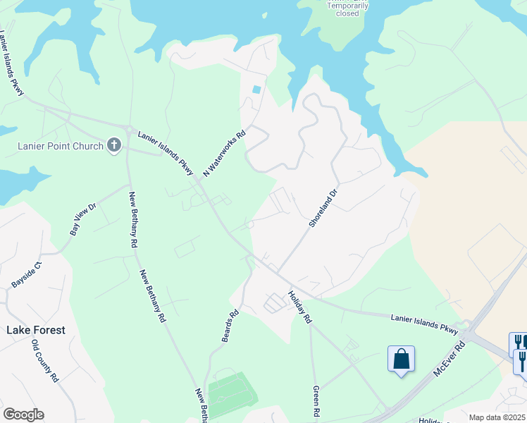 map of restaurants, bars, coffee shops, grocery stores, and more near 6005 Lanier Islands Parkway in Buford