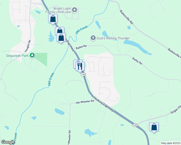 map of restaurants, bars, coffee shops, grocery stores, and more near 415 Village Way in Woodstock