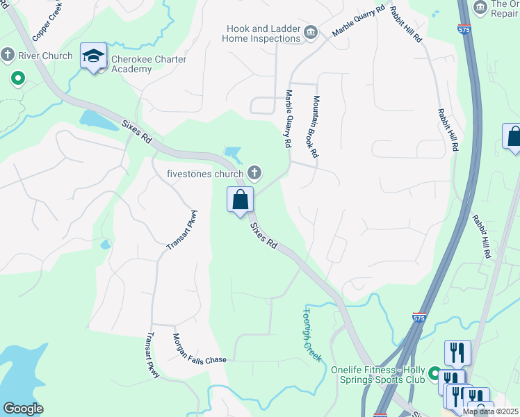 map of restaurants, bars, coffee shops, grocery stores, and more near 1415 Sixes Road in Canton
