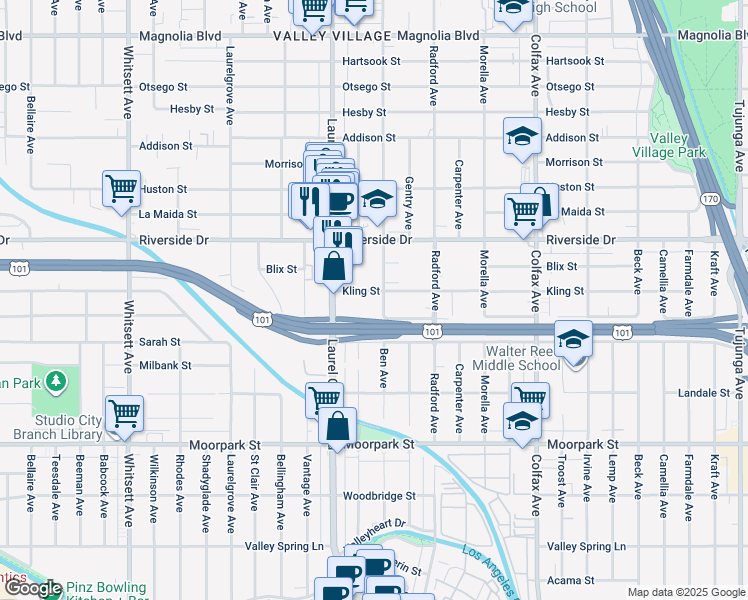 map of restaurants, bars, coffee shops, grocery stores, and more near in Los Angeles