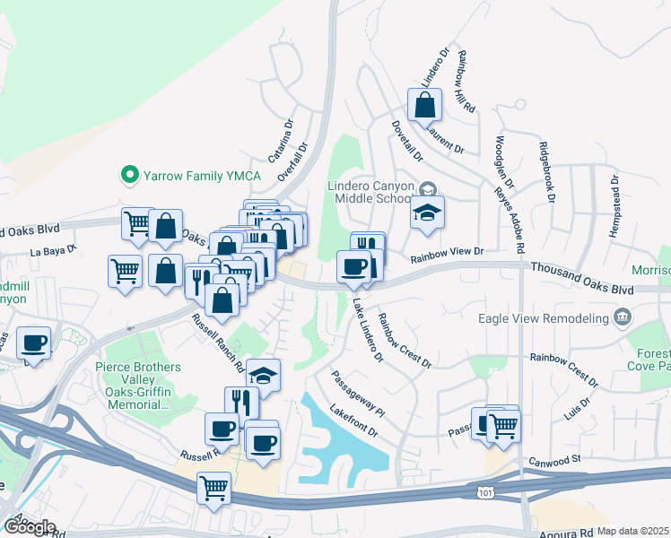 map of restaurants, bars, coffee shops, grocery stores, and more near 5719 Lake Lindero Drive in Agoura Hills