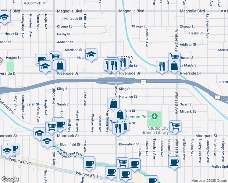 map of restaurants, bars, coffee shops, grocery stores, and more near 4653 Coldwater Canyon Avenue in Los Angeles