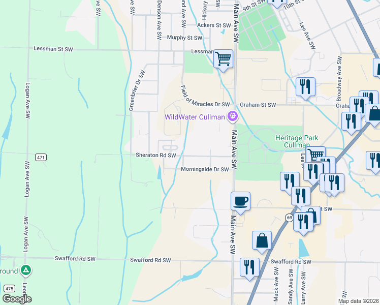map of restaurants, bars, coffee shops, grocery stores, and more near 1221 Sheraton Road Southwest in Cullman
