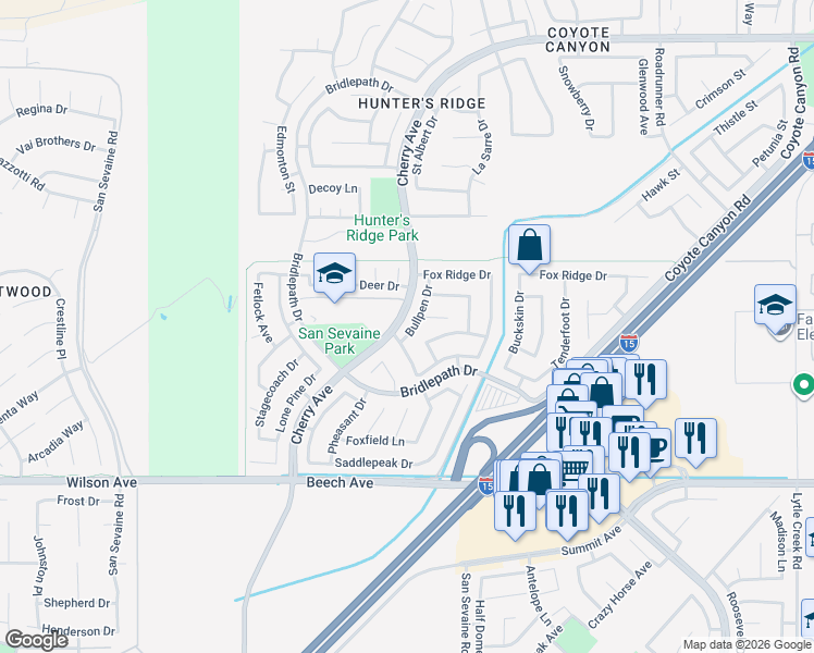 map of restaurants, bars, coffee shops, grocery stores, and more near 5432 Bullpen Drive in Fontana