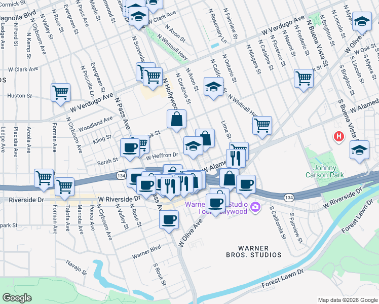 map of restaurants, bars, coffee shops, grocery stores, and more near 227 North Hollywood Way in Burbank