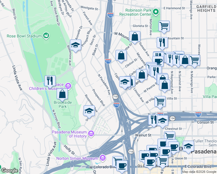 map of restaurants, bars, coffee shops, grocery stores, and more near 630 North Pasadena Avenue in Pasadena