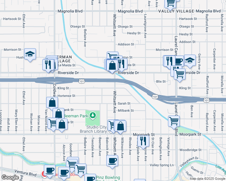 map of restaurants, bars, coffee shops, grocery stores, and more near 12504 Kling Street in Los Angeles