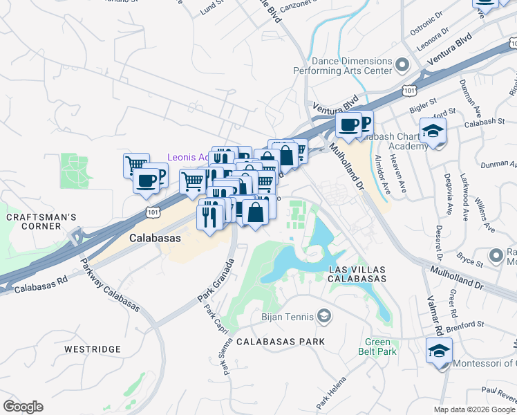 map of restaurants, bars, coffee shops, grocery stores, and more near 23500 Park Sorrento in Calabasas