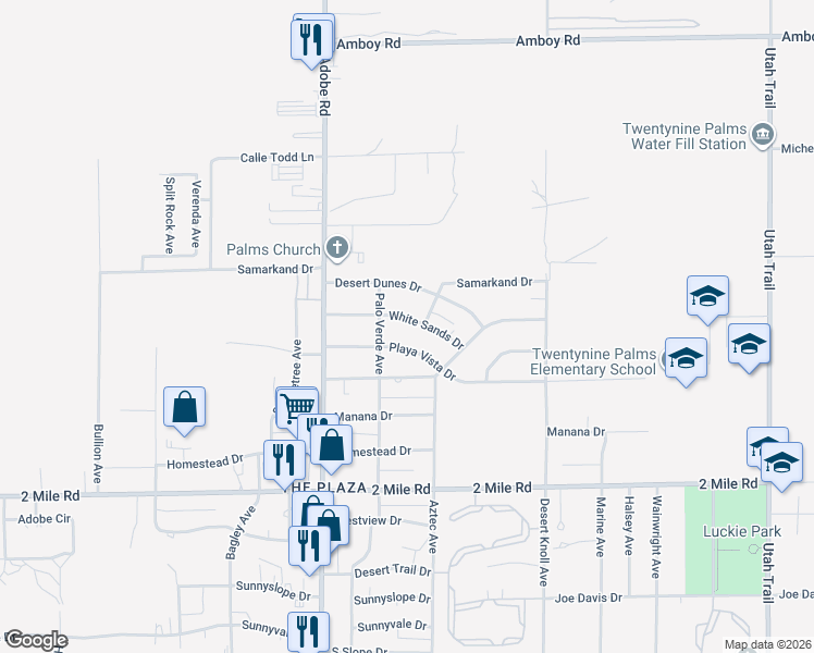 map of restaurants, bars, coffee shops, grocery stores, and more near 73843 White Sands Drive in Twentynine Palms