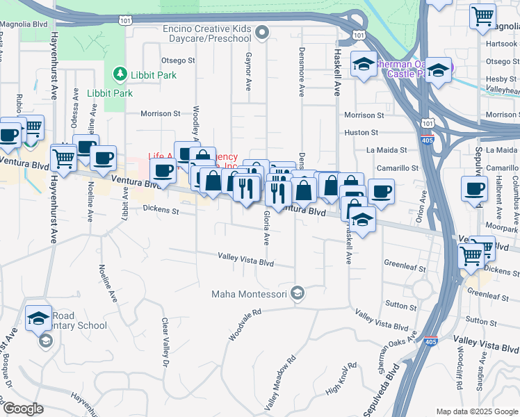 map of restaurants, bars, coffee shops, grocery stores, and more near 4612 Gloria Avenue in Los Angeles