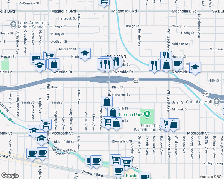 map of restaurants, bars, coffee shops, grocery stores, and more near 4660 Coldwater Canyon Avenue in Los Angeles