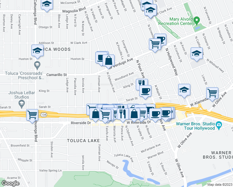 map of restaurants, bars, coffee shops, grocery stores, and more near 4426 West Kling Street in Burbank