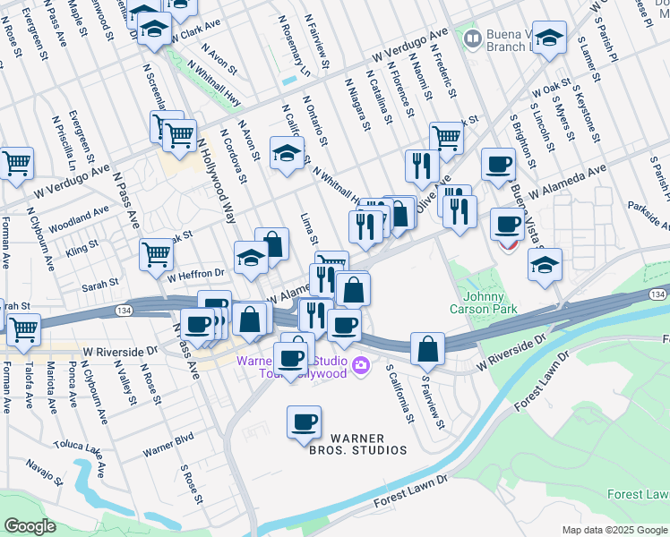 map of restaurants, bars, coffee shops, grocery stores, and more near 3301 West Olive Avenue in Burbank