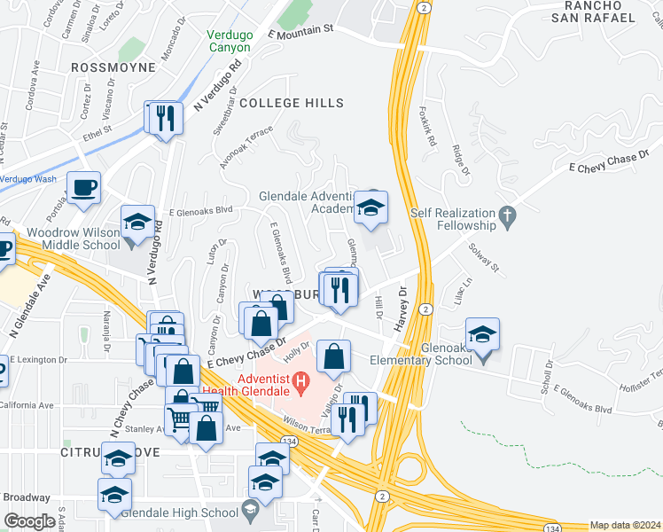 map of restaurants, bars, coffee shops, grocery stores, and more near 650 Corwin Avenue in Glendale