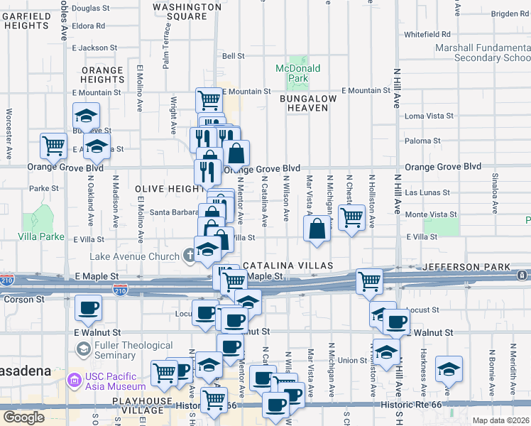 map of restaurants, bars, coffee shops, grocery stores, and more near 556 North Catalina Avenue in Pasadena
