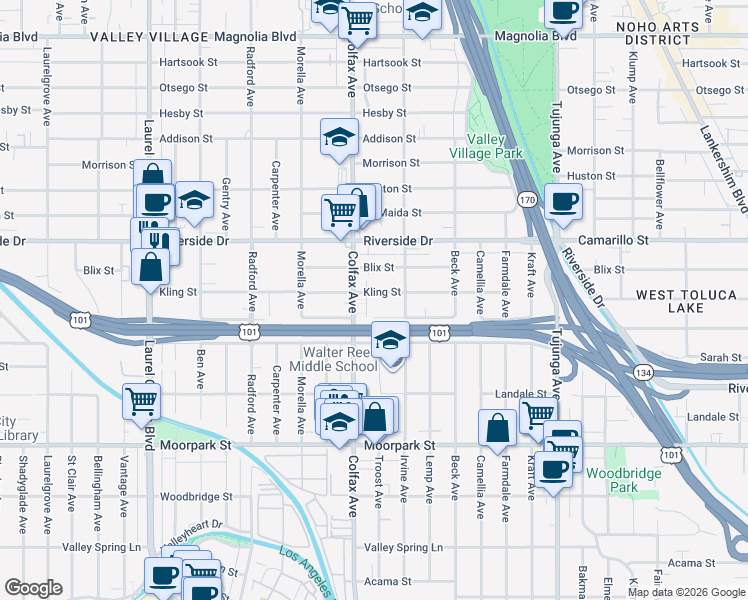 map of restaurants, bars, coffee shops, grocery stores, and more near 11638 Kling Street in Los Angeles