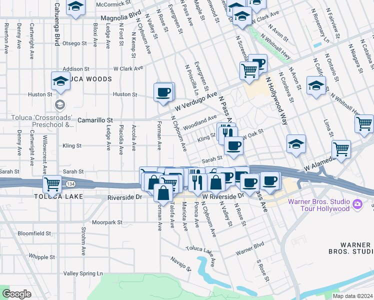 map of restaurants, bars, coffee shops, grocery stores, and more near 4436 West Kling Street in Burbank