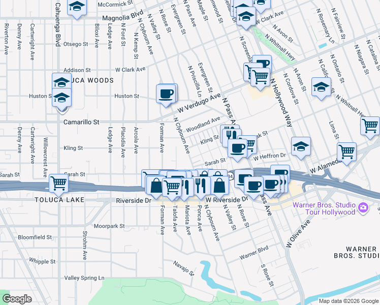 map of restaurants, bars, coffee shops, grocery stores, and more near 4436 West Kling Street in Burbank